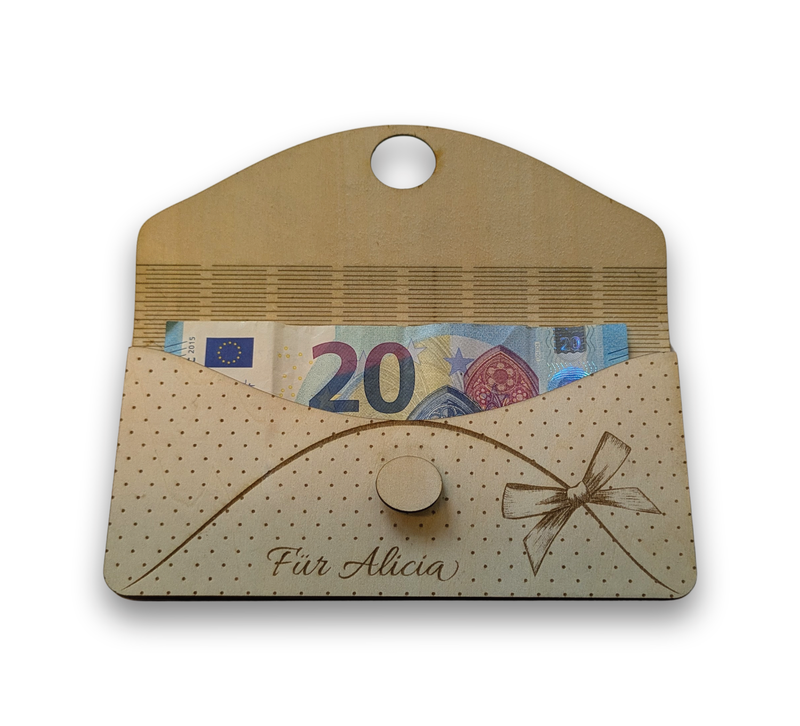 Liebevoll gestaltete Holzkarte zum Geburtstag, personalisierbare Gravur & Geldfach – charmantes Erinnerungsstück und stilvolle Verpackung für Geldgeschenke.