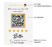 Dieser personalisierbare Google Bewertung QR-Code Aufsteller mit Holzfuss ist perfekt, um für dein Unternehmen zu werben. 