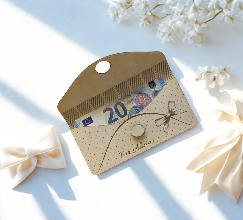 Liebevoll gestaltete Holzkarte zum Geburtstag, personalisierbare Gravur & Geldfach – charmantes Erinnerungsstück und stilvolle Verpackung für Geldgeschenke.