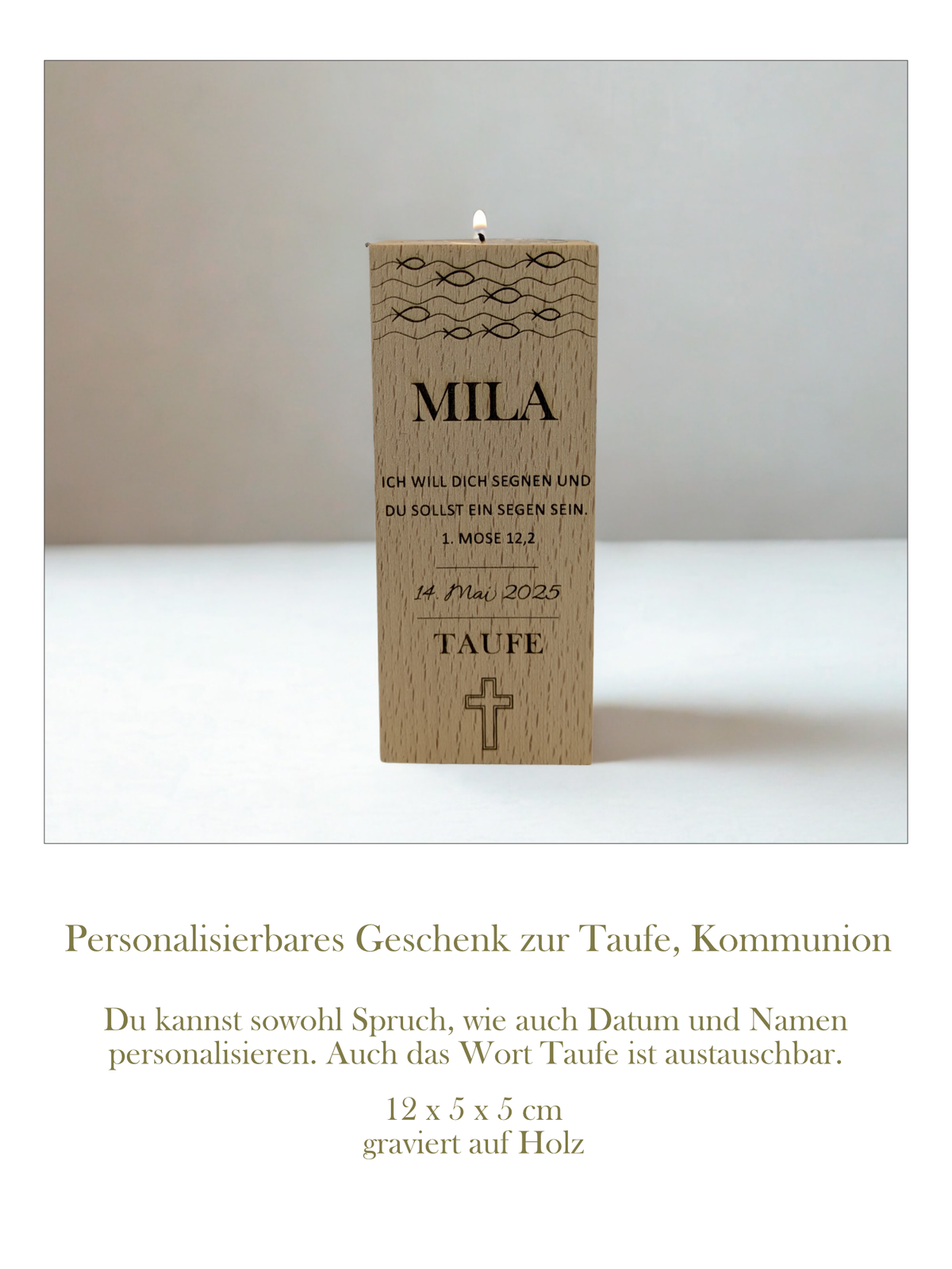Kerzenhalter aus Holz für Teelicht mit Kreuz, christlichen Fischen & Gravur. Mit Name, Datum & Wunschtext personalisierbar. Geschenk zur Taufe & Kommunion.