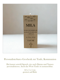 Kerzenhalter aus Holz für Teelicht mit Kreuz, christlichen Fischen & Gravur. Mit Name, Datum & Wunschtext personalisierbar. Geschenk zur Taufe & Kommunion.
