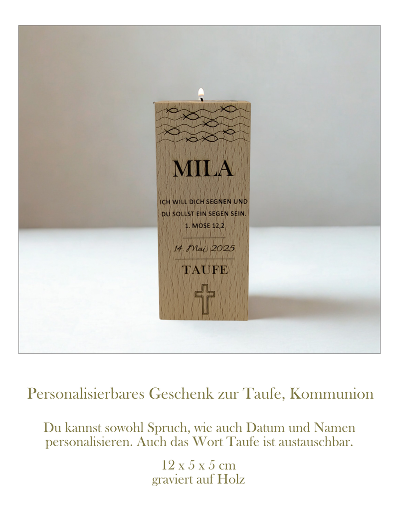 Kerzenhalter aus Holz für Teelicht mit Kreuz, christlichen Fischen & Gravur. Mit Name, Datum & Wunschtext personalisierbar. Geschenk zur Taufe & Kommunion.