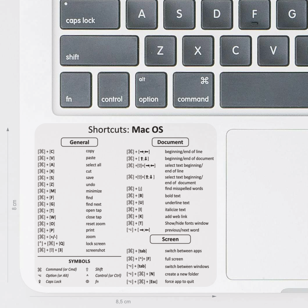 Der transparente und abwaschbare Aufkleber zeigt die nützlichsten englischen Tastenkürzel für MacOS. 