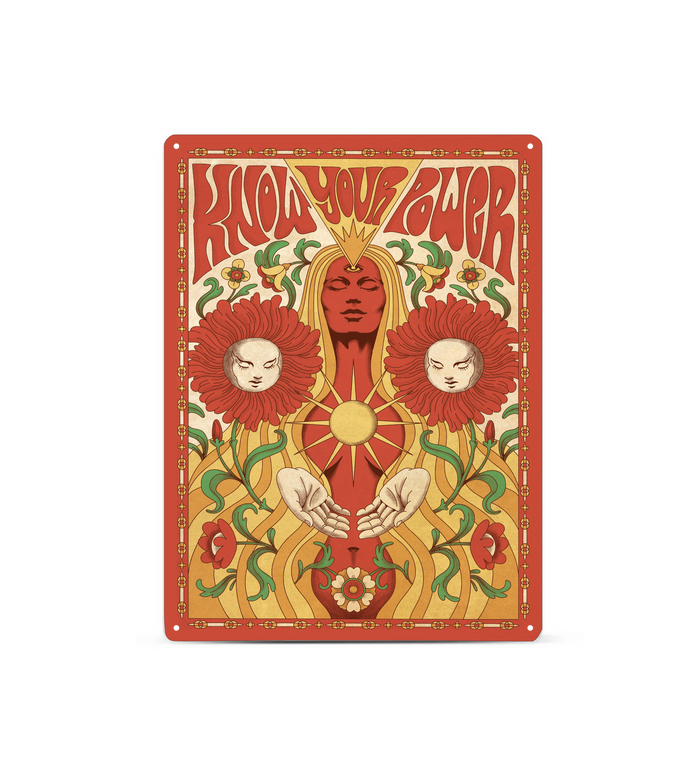 Farbenfrohes Retro-Design im 70er-Jahre-Stil mit typischen Hippie-Elementen und warmen Vintage-Farben. Abgebildet als Papierposter oder robustes Metallschild mit vier Eckbohrungen.