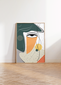 Das Bauhaus Poster zeigt dir in unterschiedlichen Formen ein bunt dargestelltes, weibliches Gesicht in den Primärfarben Grün und Orange.