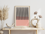 Das Poster zeigt eine abstrakte, geometrische Darstellung in Rosa und Schwarz mit beigem Hintergrund.
