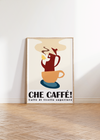 Dieses Poster für die Küche zeigt eine Darstellung einer Kaffeekanne in einer Kaffeetasse, die Kaffee trinkt