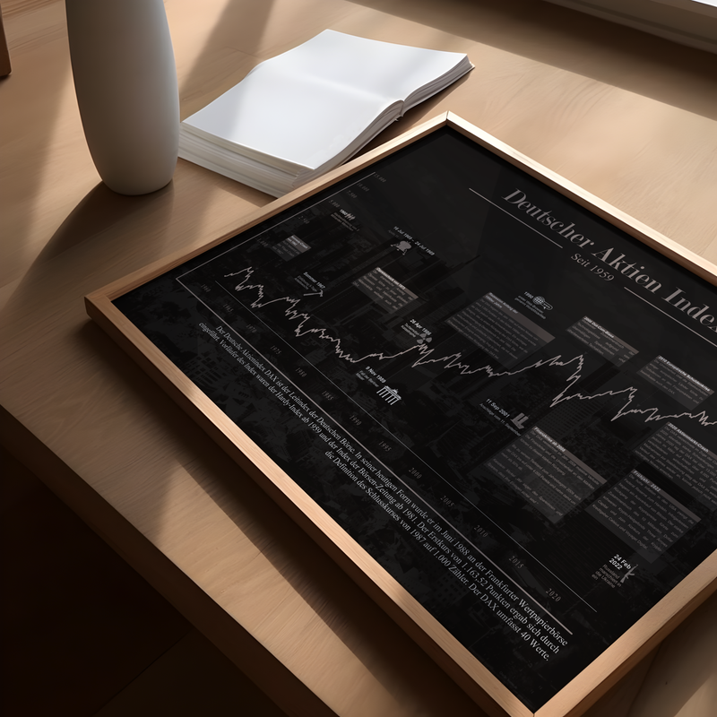 Dieses Aktienposter mit historischem Aktienchart zeigt den Deutschen Aktienindex seit 1959, inklusive historischer Daten.