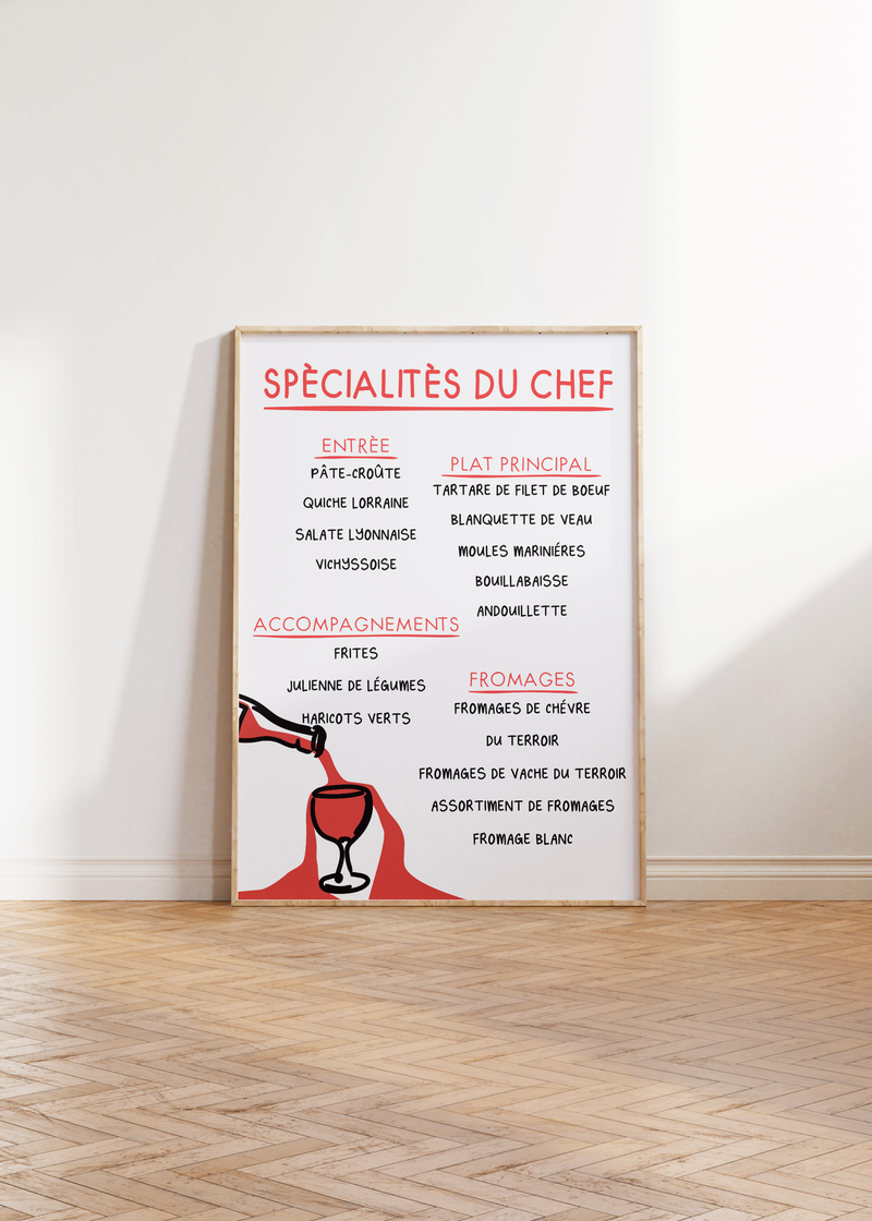 Das Poster für die Küche oder das Esszimmer zeigt dir eine französische Speisekarte mit unterschiedlichen französischen Gerichten. 