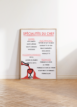 Das Poster für die Küche oder das Esszimmer zeigt dir eine französische Speisekarte mit unterschiedlichen französischen Gerichten. 
