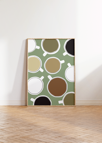 Dieses Poster für die Küche zeigt minimalistisch dargestellte Kaffeetassen in Braun und Grün.