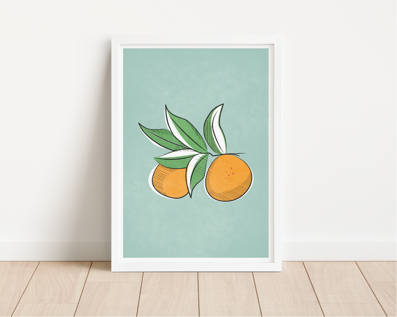 Dieses Poster zeigt dir einen Zweig mit Orangen. 