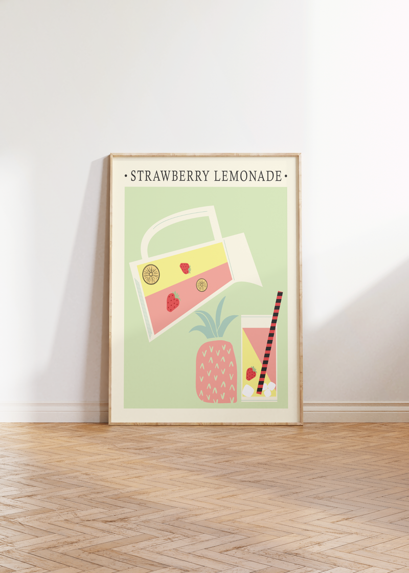 Das Poster für die Küche zeigt dir minimalistisch Darstellt eine Wasserkanne mit Erdbeerlimonade und ein Glas. 