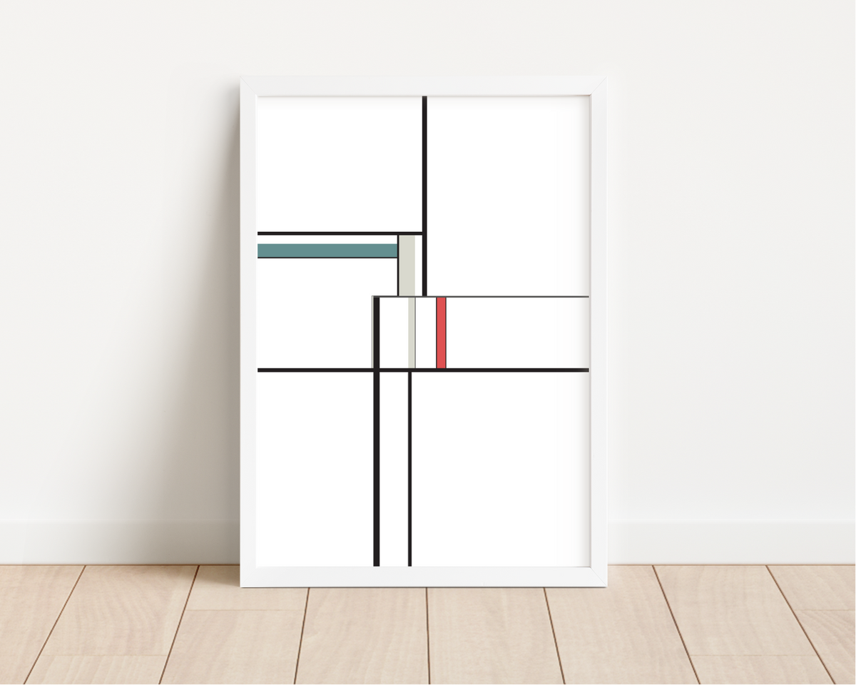Das Poster zeigt eine abstrakte, geometrische Darstellung in Weiß, Schwarz, Grau, Blau und Rot.