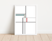 Das Poster zeigt eine abstrakte, geometrische Darstellung in Weiß, Schwarz, Grau, Blau und Rot.