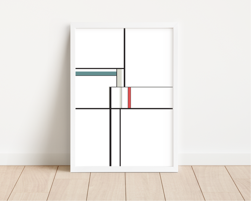 Das Poster zeigt eine abstrakte, geometrische Darstellung in Weiß, Schwarz, Grau, Blau und Rot.