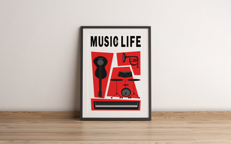 Retro Musik Poster im zeitgenössischen Stil mit verschiedenen Instrumenten. 