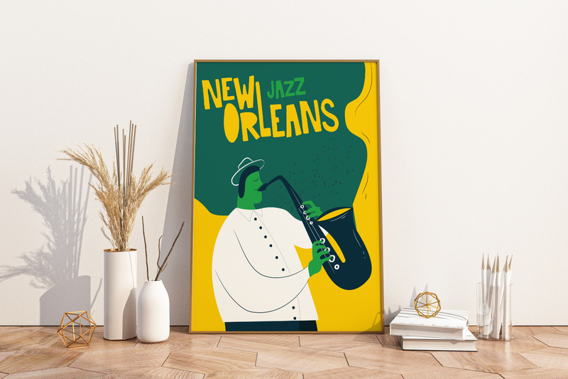 Dieses coole New Orleans Jazz Musik Poster zeigt einen Jazzmusiker in grün und gelb und modernen Stil. 