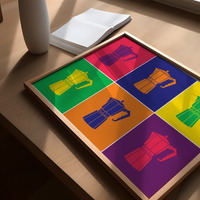 Das tolle Poster für die Küche zeigt dir im Pop Art Stil 6 Espressomaschinen. 