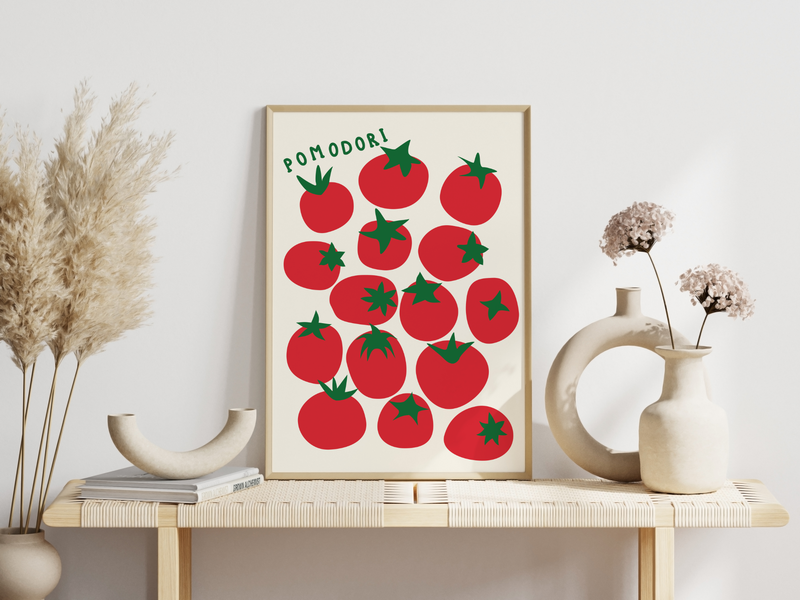 Das Poster zeigt Tomaten und als Überschrift Pomodori, das italienische Wort für Tomate. 
