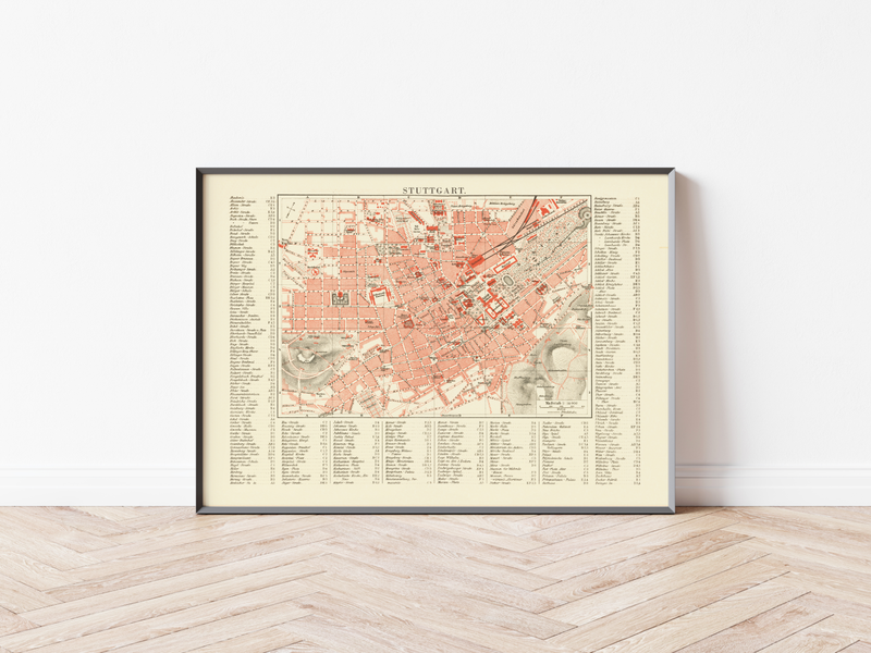 Das Poster einer Karte von Stuttgart ist eine Vintage Lithographie aus Meyers Koversations-Lexikon aus dem Jahr 1890. 