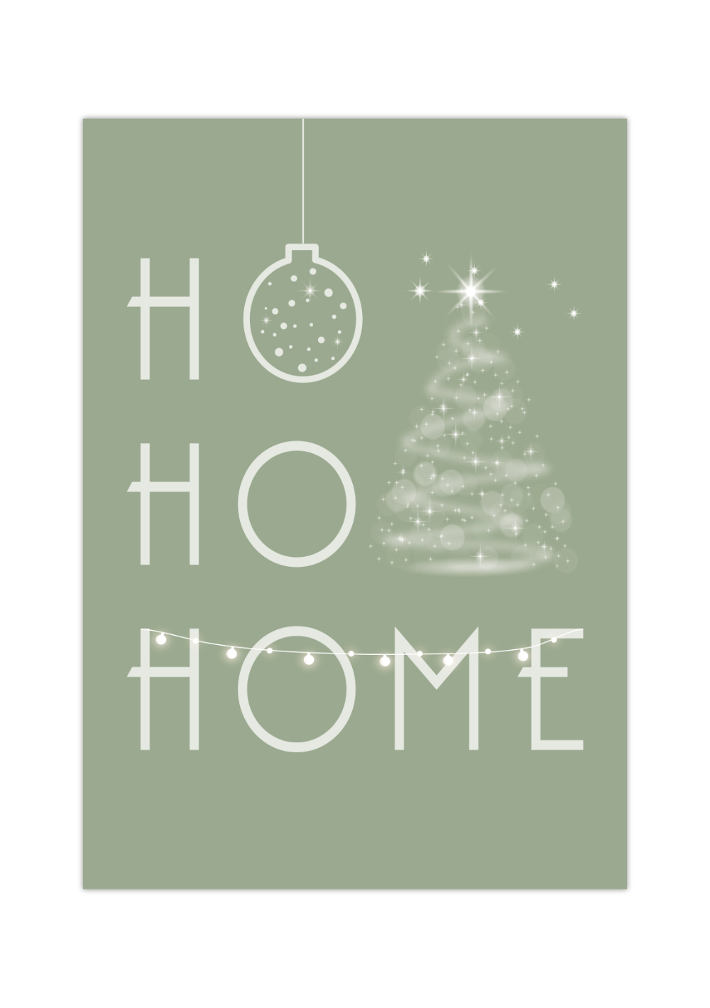 Das Weihnachtsposter zeigt dir in grün oder in schwarz den Spruch "Ho Ho Home" mit Weihnachtskugel, Weihnachtsbaum und Girlande.