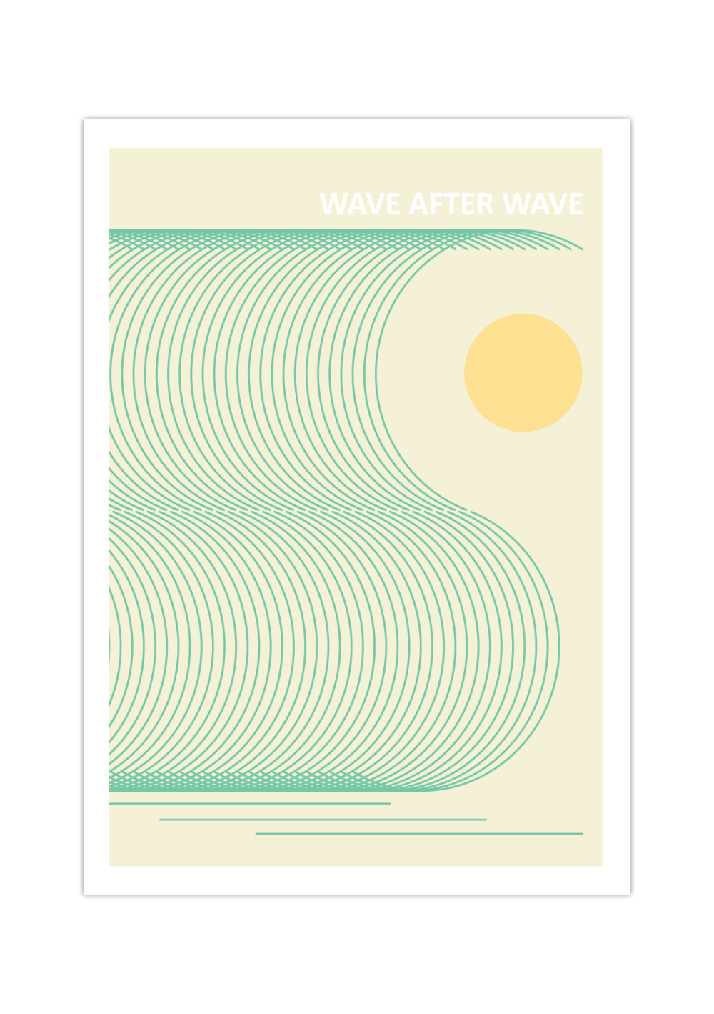 Das maritime Poster zeigt minimalistisch dargestellte Wellen, eine Orange Sonne, sowie den Spruch Wave after Wave.