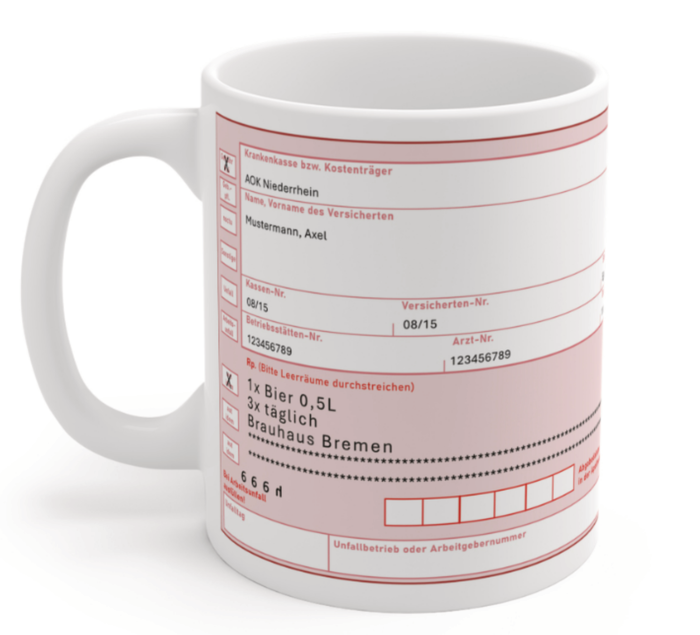 Keramiktasse mit rosa Arztrezept-Design, individuell personalisierbar mit Namen, Rezepttext und weiteren Angaben.