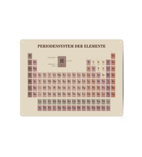 Metallschild mit dem Periodensystem der Elemente in deutscher Sprache. Das Design ist in warmen, minimalistischen Brauntönen, Beige und Sepia auf einem hellbraunen Hintergrund gehalten.