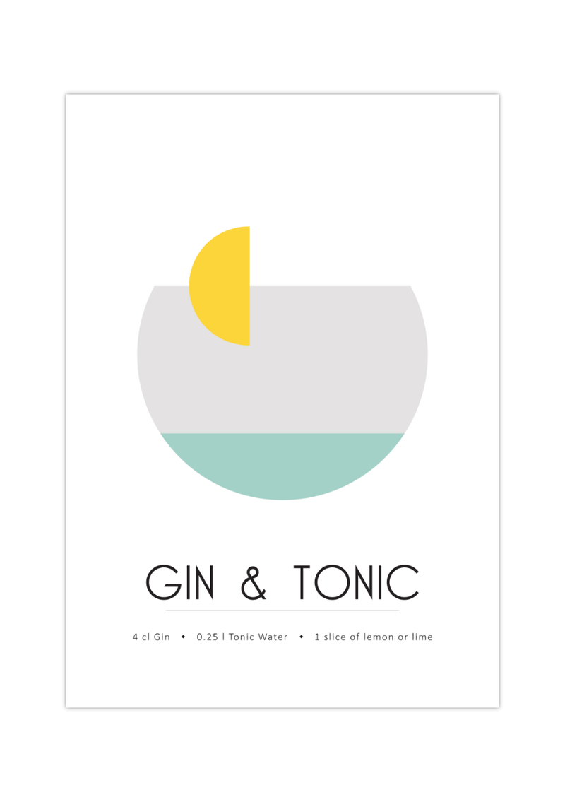 Dieses Poster für die Küche zeigt dir den Cocktail Gin Tonic inklusive des Rezeptes, in Gelb, Grau und Blau.