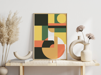 Dieses Poster zeigt dir eine moderne, geometrische Darstellung in Orange, Grün, Gelb und Beige.