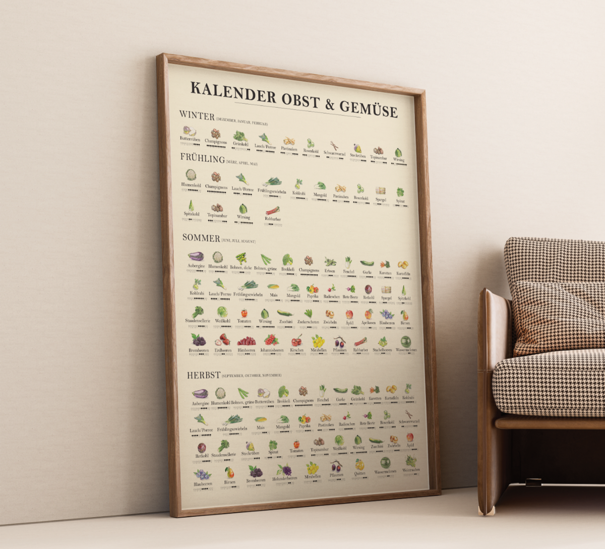 Saisonkalender für Obst und Gemüse als Küchenposter – liebevoll illustriert mit Jahreszeitenübersicht, nachhaltigem Design und Fineart-Druck, das Poster ist ideal als Küchendeko oder Geschenk für umweltbewusste Haushalte.