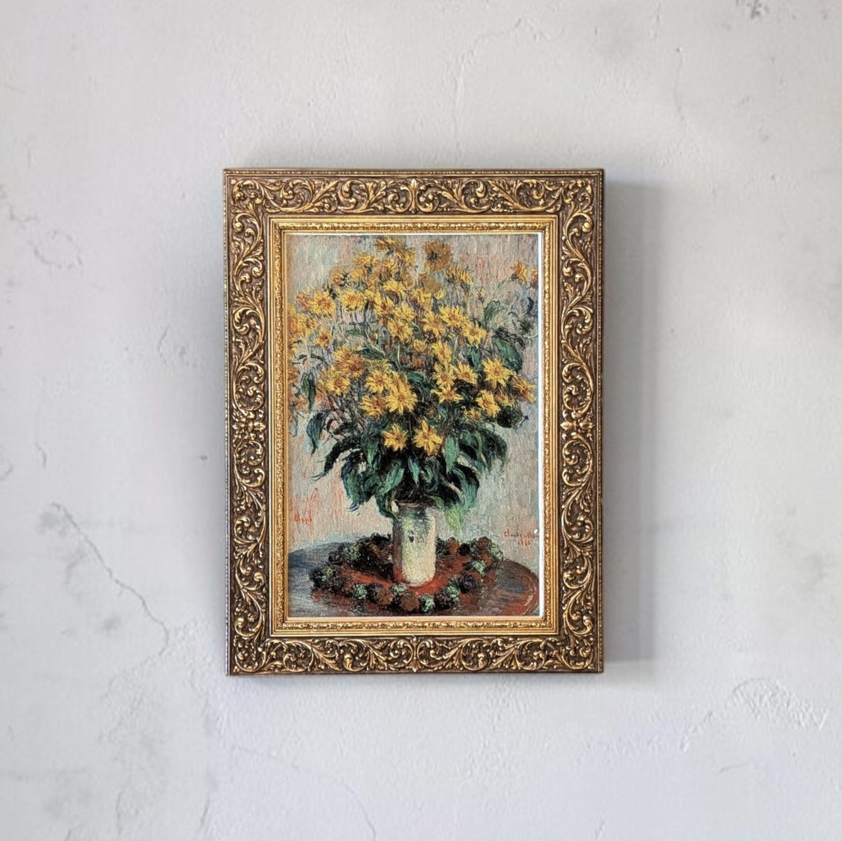Rechteckiger Holz-Kühlschrankmagnet (8x6 cm) aus Birkensperrholz mit einem gedruckten Gemälde von Claude Monet. Das Bild wird von einem spürbaren 1,6 mm 3D-Relief-Galerierahmen in Gold oder rustikalem Holz umschlossen.
