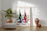 Bei dem Poster handelt es sich um den Nachdruck einer asiatischen Fahrrad-Werbung auf der zwei Fahrradfahrer zu erkennen sind.