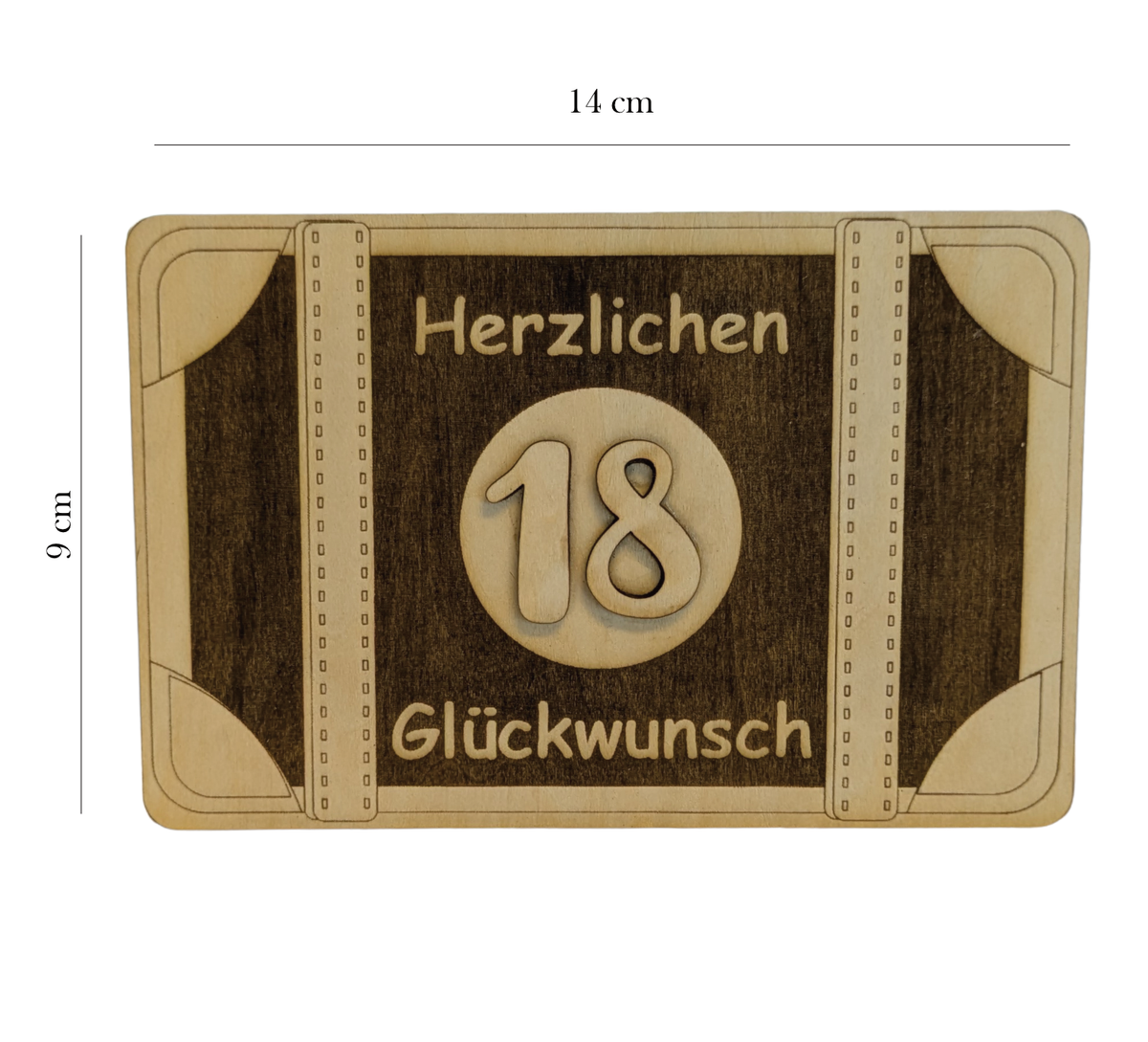 Gravierte Geschenkkarte aus Holz mit Koffer, Geldfach & Wunschtext – 14 x 9 cm, 6 mm dick. Alter & Spruch personalisierbar. Einzigartig zum Geburtstag!