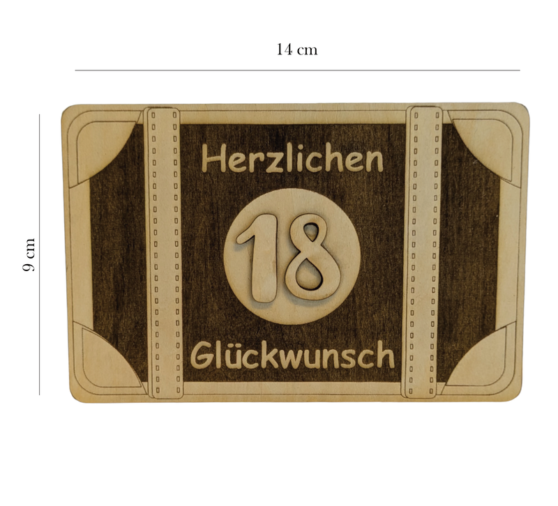 Gravierte Geschenkkarte aus Holz mit Koffer, Geldfach & Wunschtext – 14 x 9 cm, 6 mm dick. Alter & Spruch personalisierbar. Einzigartig zum Geburtstag!
