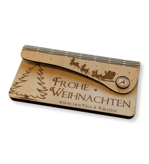 Handgefertigte Weihnachtskarte aus Holz mit festlichem Design, personalisierbar mit Namen & Wunschtext, inklusive Geldfach – ideal für stilvolle Grüße & kreative Geschenke!