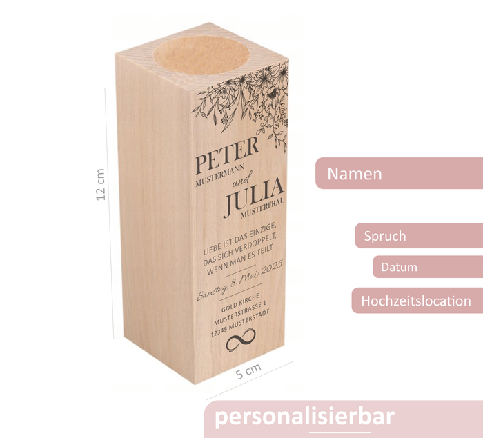 Diese wunderschönen, personalisierbaren Holz-Kerzenhalter für Teelichter sind ein Hingucker auf jeder Hochzeit und das perfekte Geschenk für das Brautpaar.