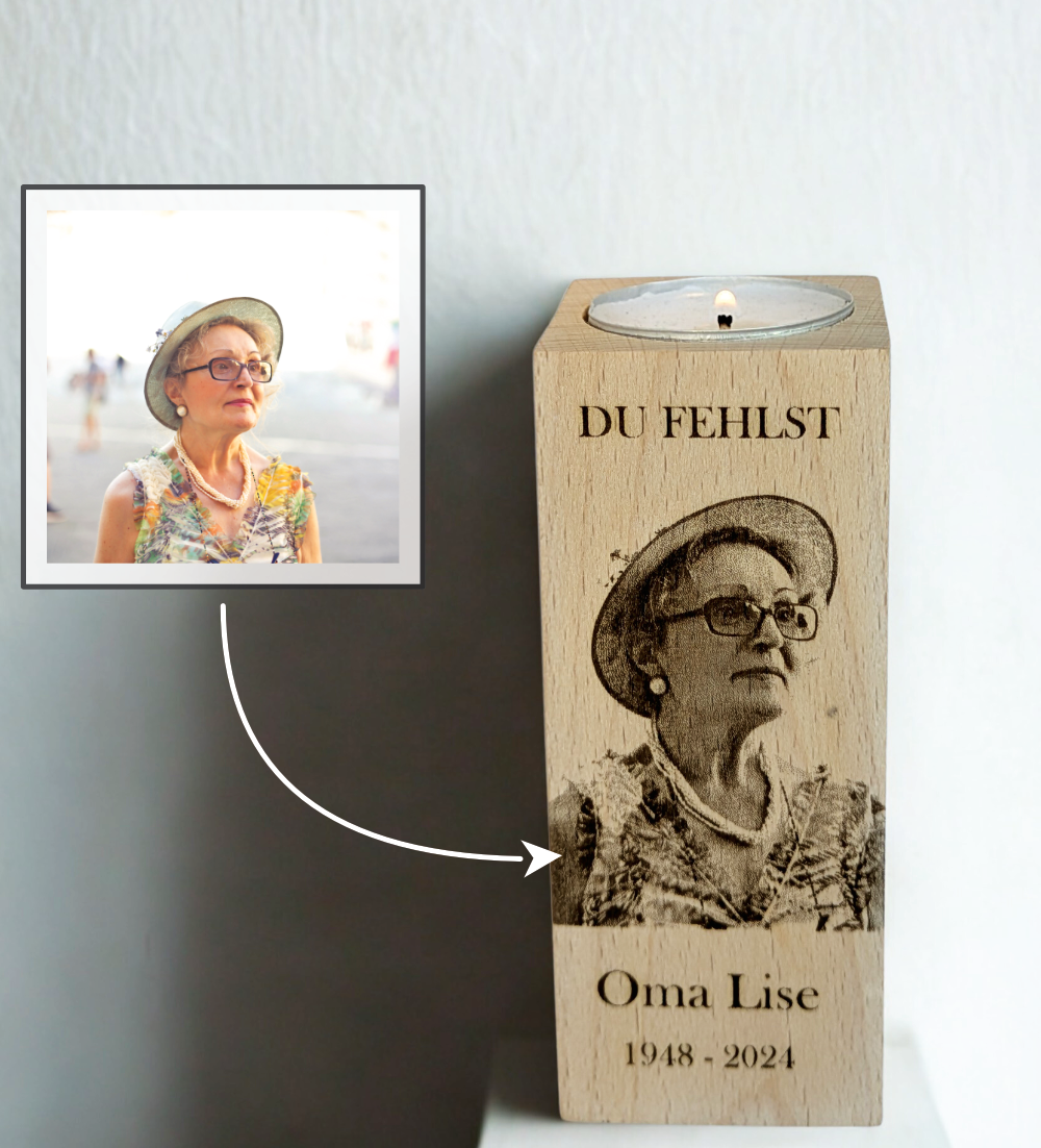Personalisierter Teelichthalter aus Holz mit Foto & Gravur – einzigartiges Trauergeschenk zur Erinnerung an geliebte Menschen. Mit Namen, Datum & Spruch individuell gestaltbar.