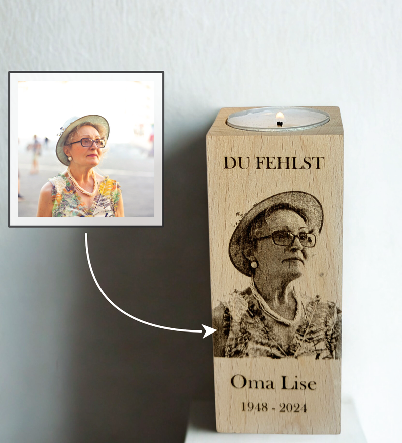 Personalisierter Teelichthalter aus Holz mit Foto & Gravur – einzigartiges Trauergeschenk zur Erinnerung an geliebte Menschen. Mit Namen, Datum & Spruch individuell gestaltbar.