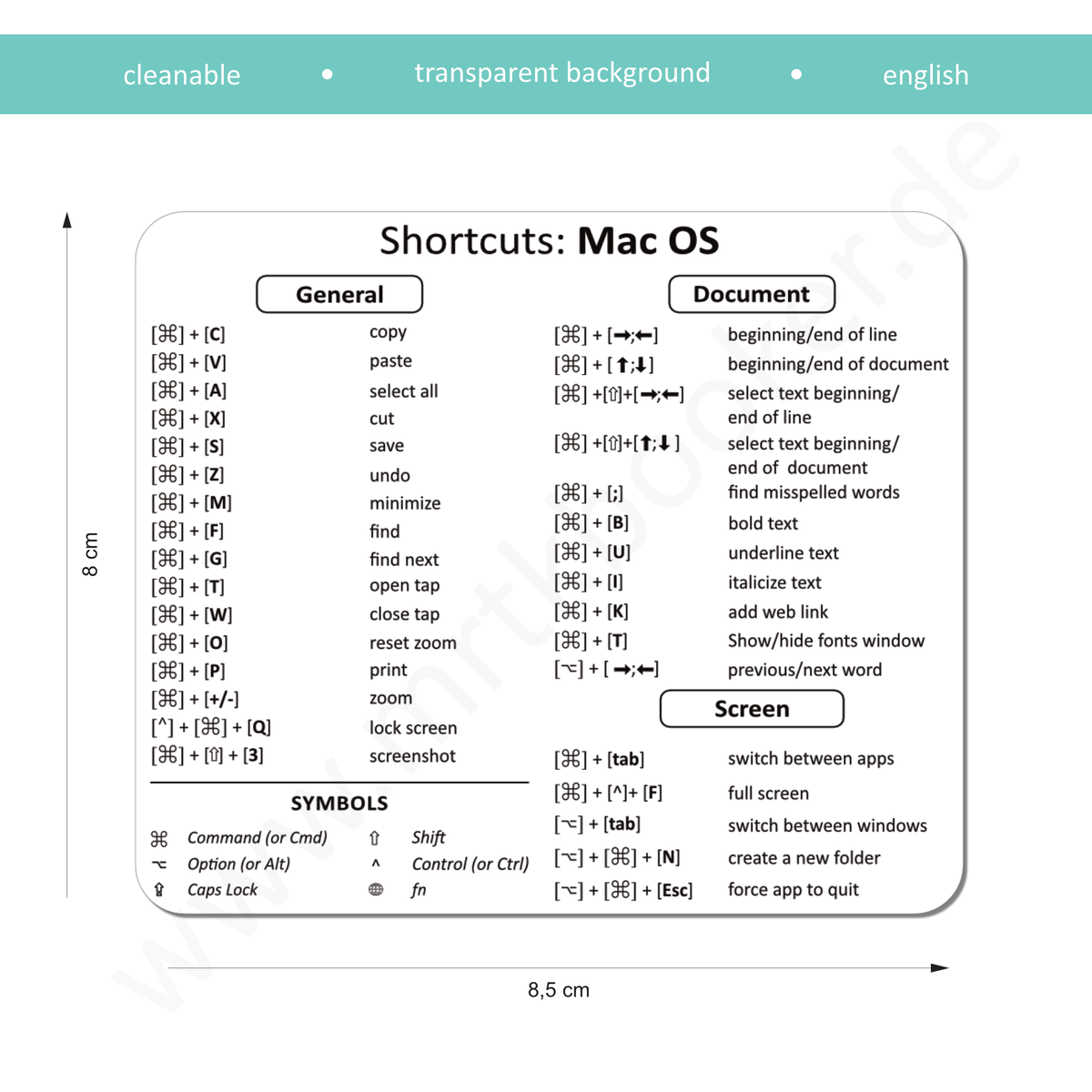 Der transparente und abwaschbare Aufkleber zeigt die nützlichsten englischen Tastenkürzel für MacOS. 