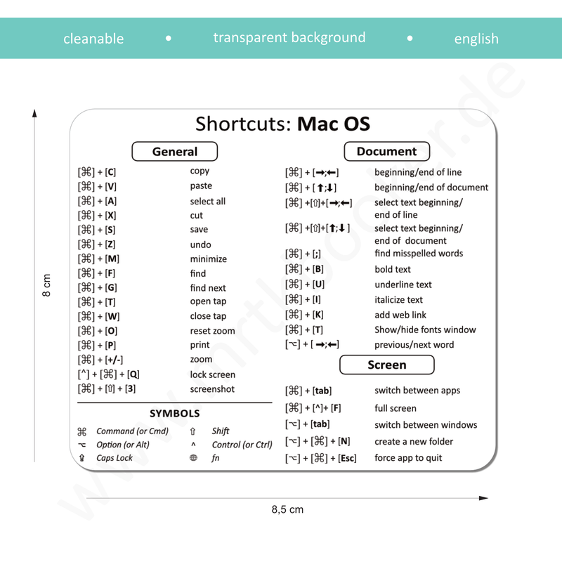 Der transparente und abwaschbare Aufkleber zeigt die nützlichsten englischen Tastenkürzel für MacOS. 