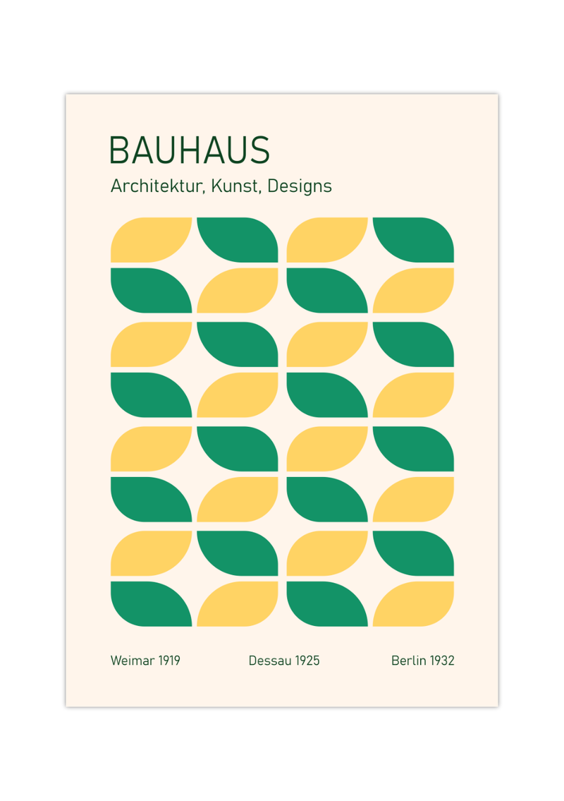 Dieses Bauhaus Poster zeigt dir minimalistische geometrische Darstellungen in den Farben Grün und Gelb oder Blau und Orange.
