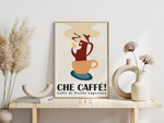 Dieses Poster für die Küche zeigt eine Darstellung einer Kaffeekanne in einer Kaffeetasse, die Kaffee trinkt