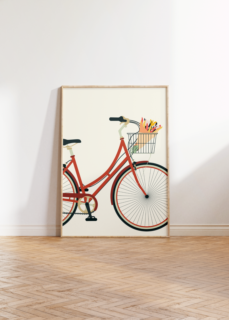 Dieses Poster im minimalistischen Stil zeigt ein rotes Damenfahrrad auf beigen Hintergrund.
