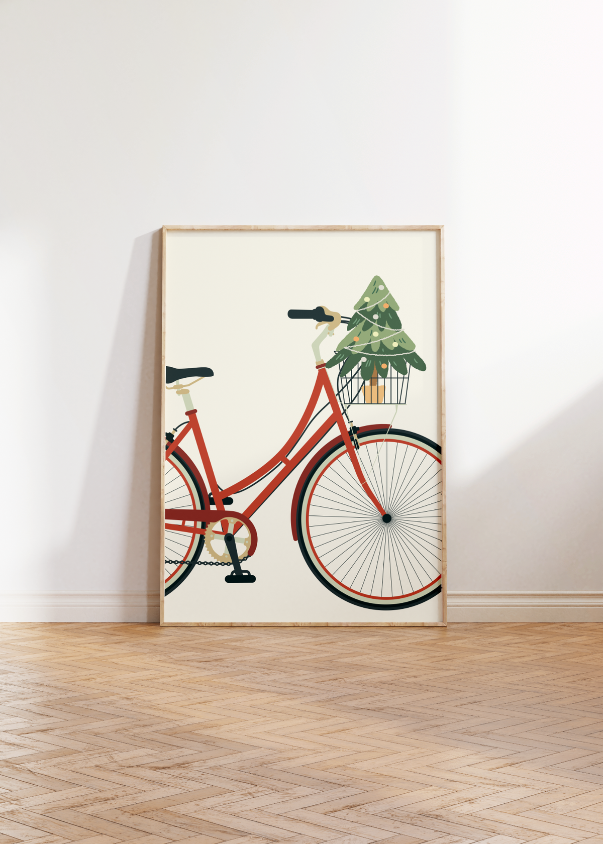 Dieses Poster im minimalistischen Stil zeigt ein rotes Damenfahrrad auf beigen Hintergrund.