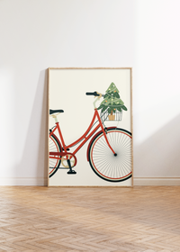Dieses Poster im minimalistischen Stil zeigt ein rotes Damenfahrrad auf beigen Hintergrund.