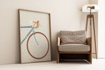 Dieses Poster im minimalistischen Stil zeigt ein oranges Rennrad auf grünem Hintergrund. 
