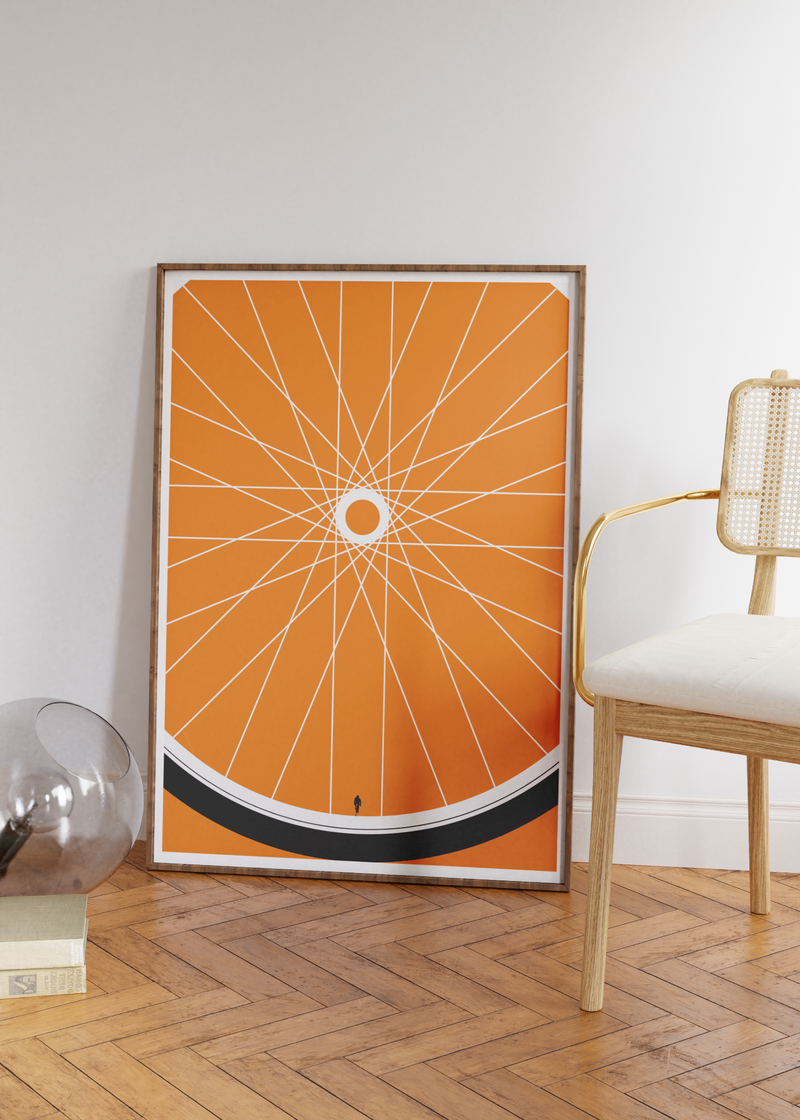 Das Poster zeigt in ein Fahrradrad mit einem Rennradfahrer an der stelle das Ventils