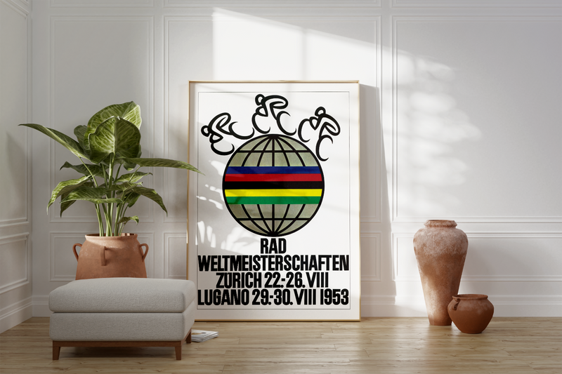 Bei dem Poster handelt es sich um den Nachdruck einer Werbung für die Radweltmeisterschaft 1953 in Zürich und Lugano (Schweiz).